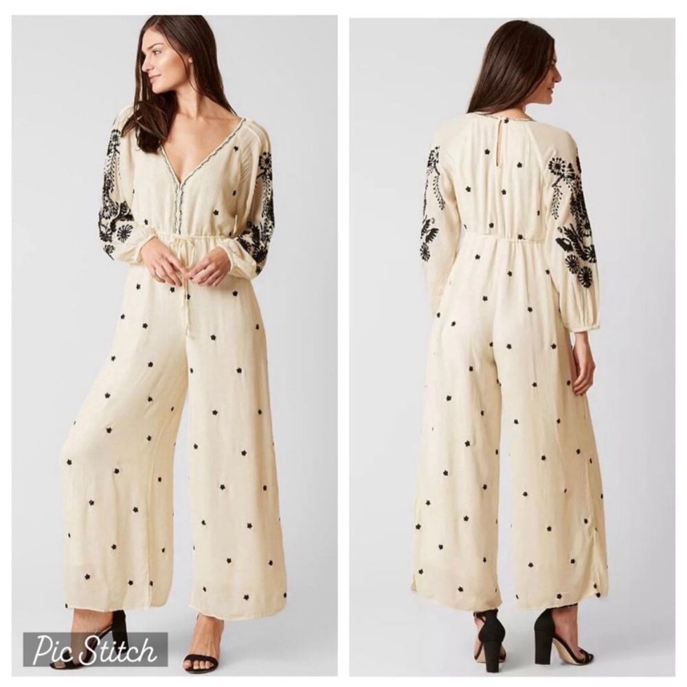 Free People Ivory Embroidered Jumpsuit Boho Wide Leg Floral Black XS NWT